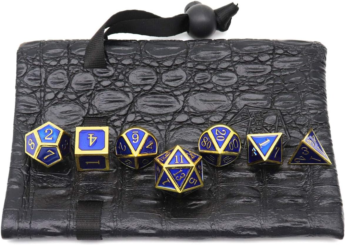Haxtec Metal DND Dice Set 7 Die Gold Blue Metal D&D Dice Compatible with Dungeons and Dragons Games-Glossy Enamel Dice (Gold Blue)