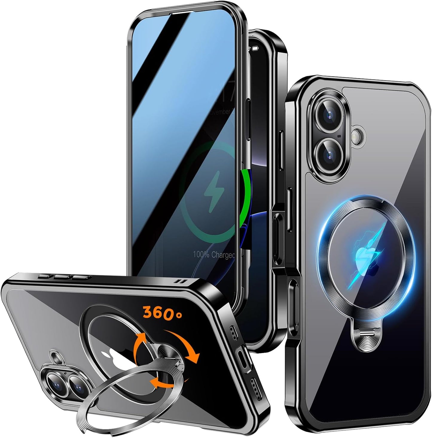 [360° Rotatable CD Stand & Built-in Privacy Screen Magnetic Case for iPhone 16 [Compatible with MagSafe & Full Signal] Mil-Grade Shockproof Full Body Anti-Spy Cover for 16-Black