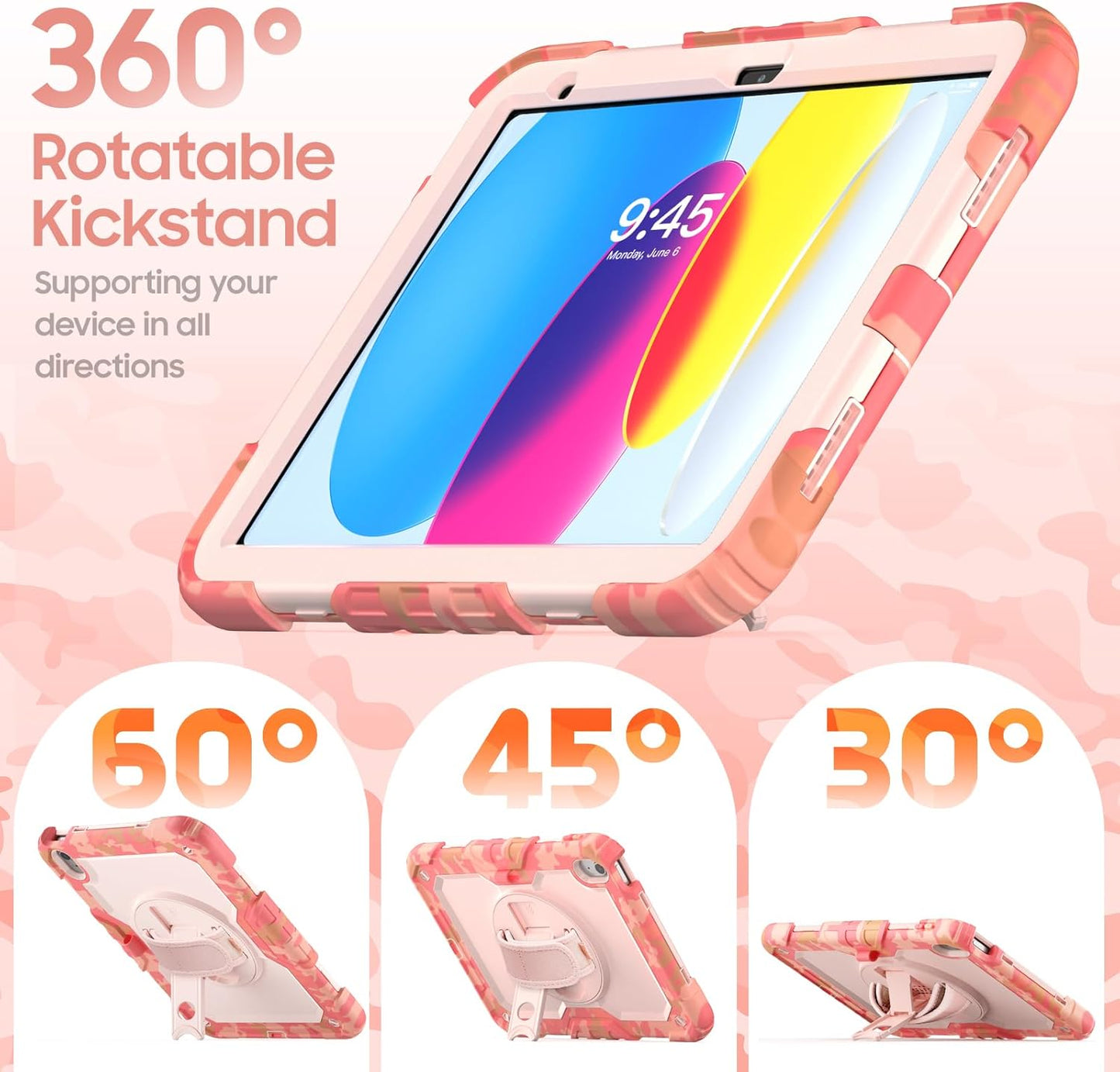 SCSVPN Kids Case for iPad (A16) 11th/10th Generation 11/10.9 inch 2025/2022, Shockproof Rugged Cute Rainbow Cover for iPad 11/10 with Pencil Holder, 360 Rotating Stand, Hand/Shoulder Strap, Camo Pink