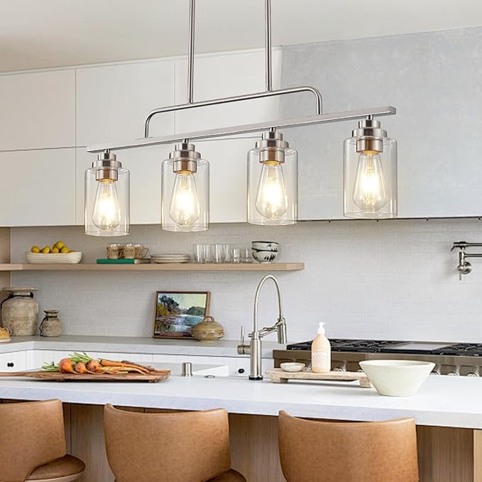 Dining Room Light Fixture - Brushed Nickel 4-Light Farmhouse Chandelier Kitchen Island Lights Fixtures Modern Linear Silvery Chandeliers Hanging Pendant Lighting Over Table