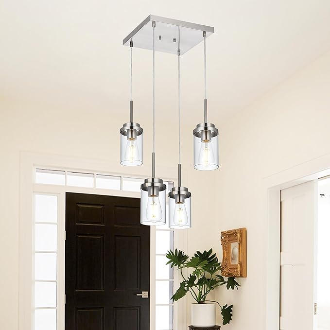 MELUCEE 4-Light Hanging Pendant Light Fixtures with Clear Glass Shade, Brushed Nickel Modern Chandelier Dining Room Light Fixtures Over Table Kitchen Island Lighting, Height Adjustable