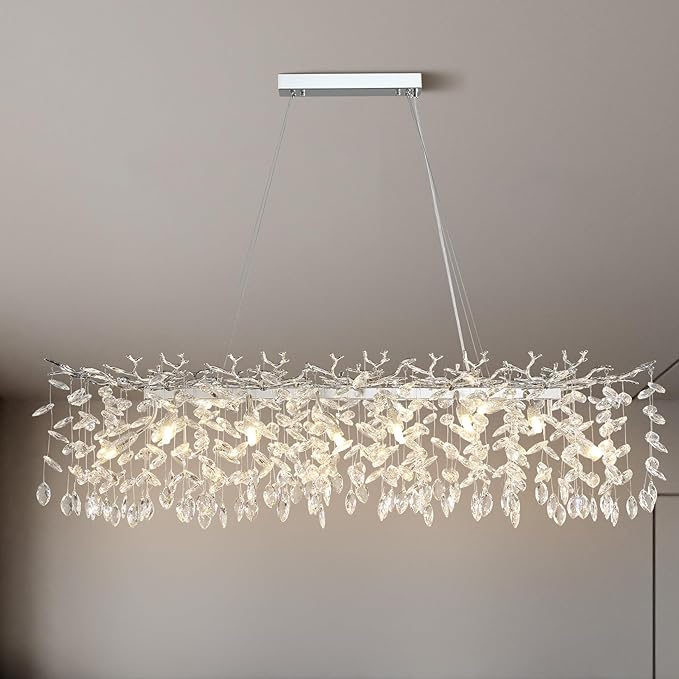 YUYI 47" Silver Crystal Chandelier, 14-Light Modern Tree Branch Chandelier, Luxury Rectangular K9 Crystal Raindrop Chandeliers for Dining Room, Kitchen Island, Living Room, Contemporary Light Fixture