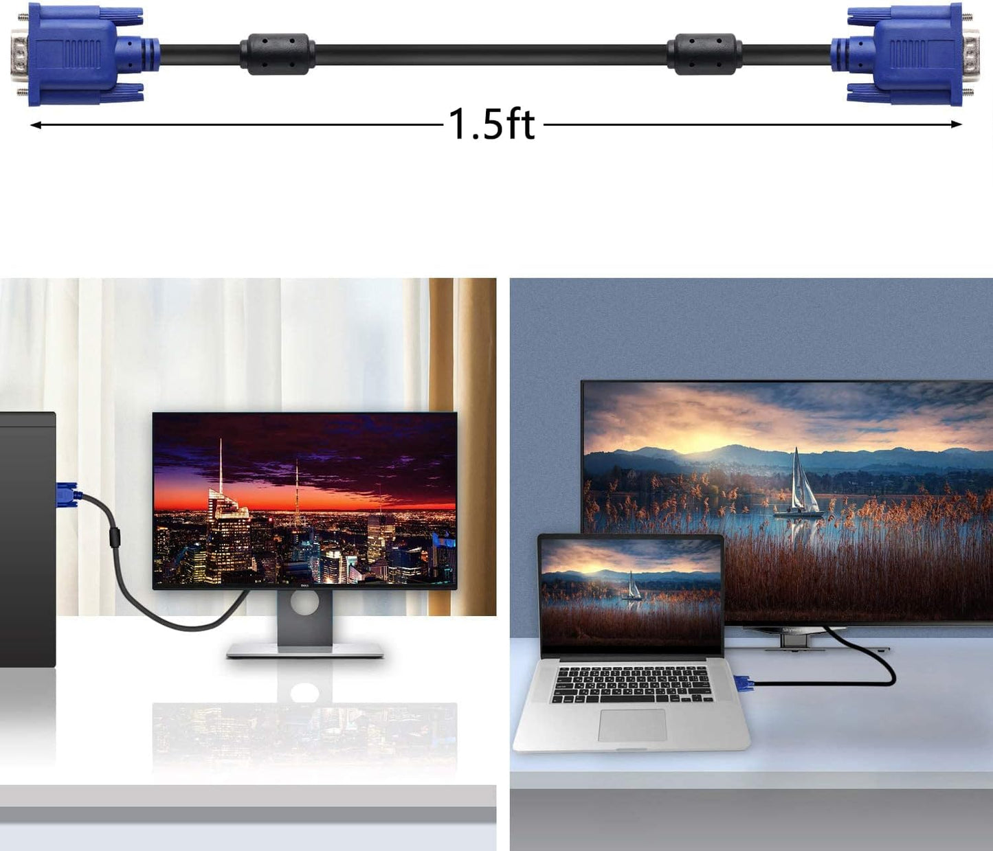 PASOW VGA to VGA Monitor Cable HD15 Male to Male for TV Computer Projector (1.5 Feet)