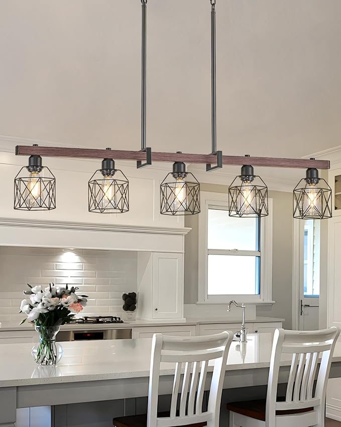 5-Light Industrial Farmhouse Chandelier with Wood Grain Bar and Black Metal Cage – Rustic Hanging Ceiling Lamp for Kitchen Island, Dining Room, and Living Room