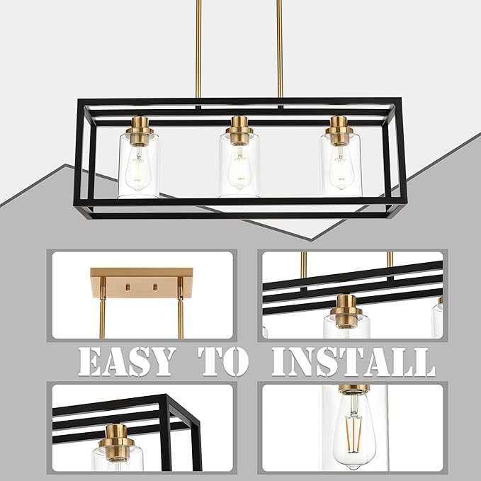 MELUCEE Dining Room Light, Island Lights for Kitchen Modern Chandeliers Rectangle Black 3 Lights, Linear Pendant Ceiling Lighting Fixture with Clear Glass Shade and Brass Socket, E26 Base
