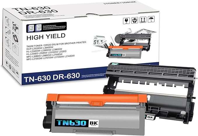 2-Pack TN630 DR630 Black Toner Cartridge and Drum Unit, Replacement for Brother HL-L2300D L2305W L2315DW L2320D L2340DW L2360DW L2380DW MFC-L2680W L2700DW L2705DW L2720DW L2740DW DCP-L2520DW Printer