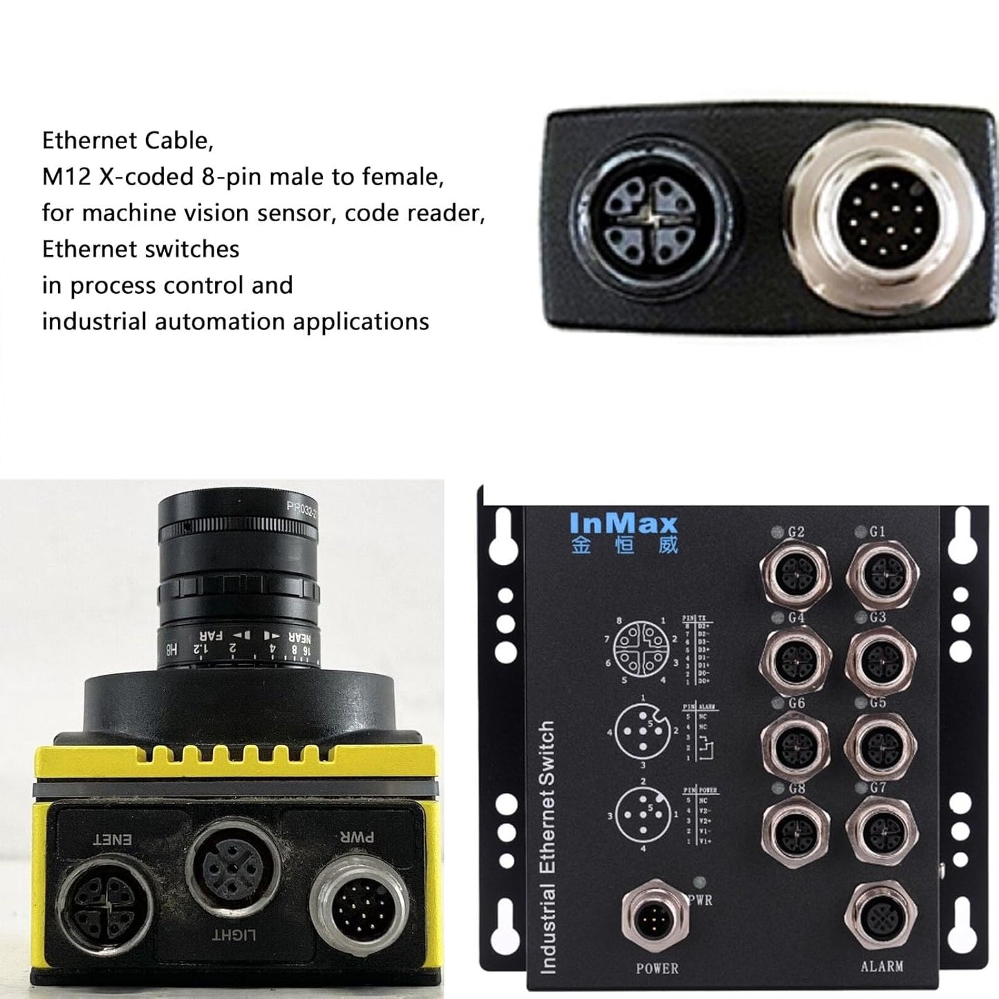 M12 Ethernet 8 Pin X Coded RJ45 CAT7e GigE Cable for Basler Cognex Keyence Datalogic Microscan Sick Camera Sensor High Speed Network Switch 2 Meter