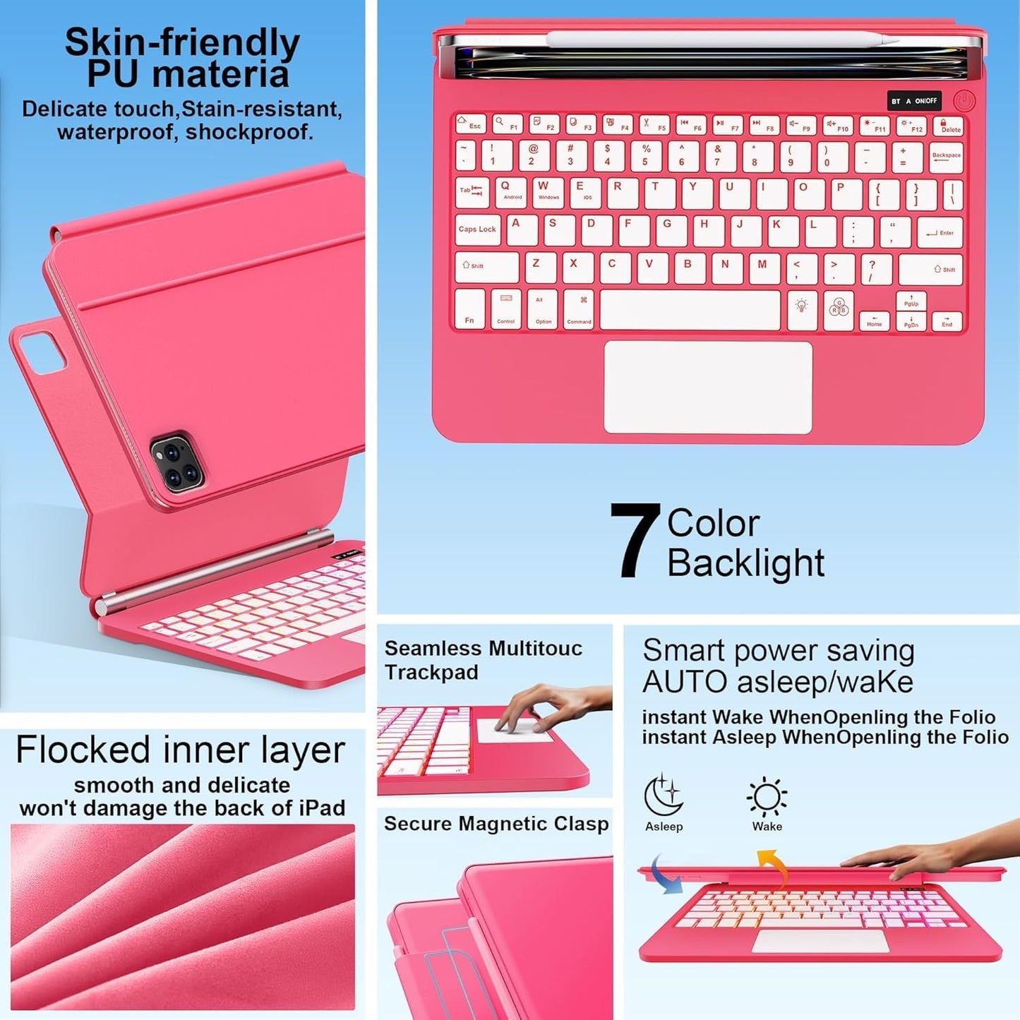 for iPad Pro 13 Inch Case with Keyboard (M4, 2024)，Magic-Style Magnetic – 7 Colors Backlight -Floating Cantilever Stand - Multi-Touch Trackpad Keyboard Case for iPad Pro 13 (Rose Red)