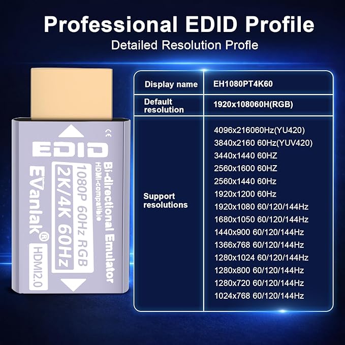 EVanlak Hdmi Passthrough Edid Emulator Adapter Dummy Plug Virtual Monitor Headless Ghost Display Adapter-1080P60hz to 4K60Hz-1pack