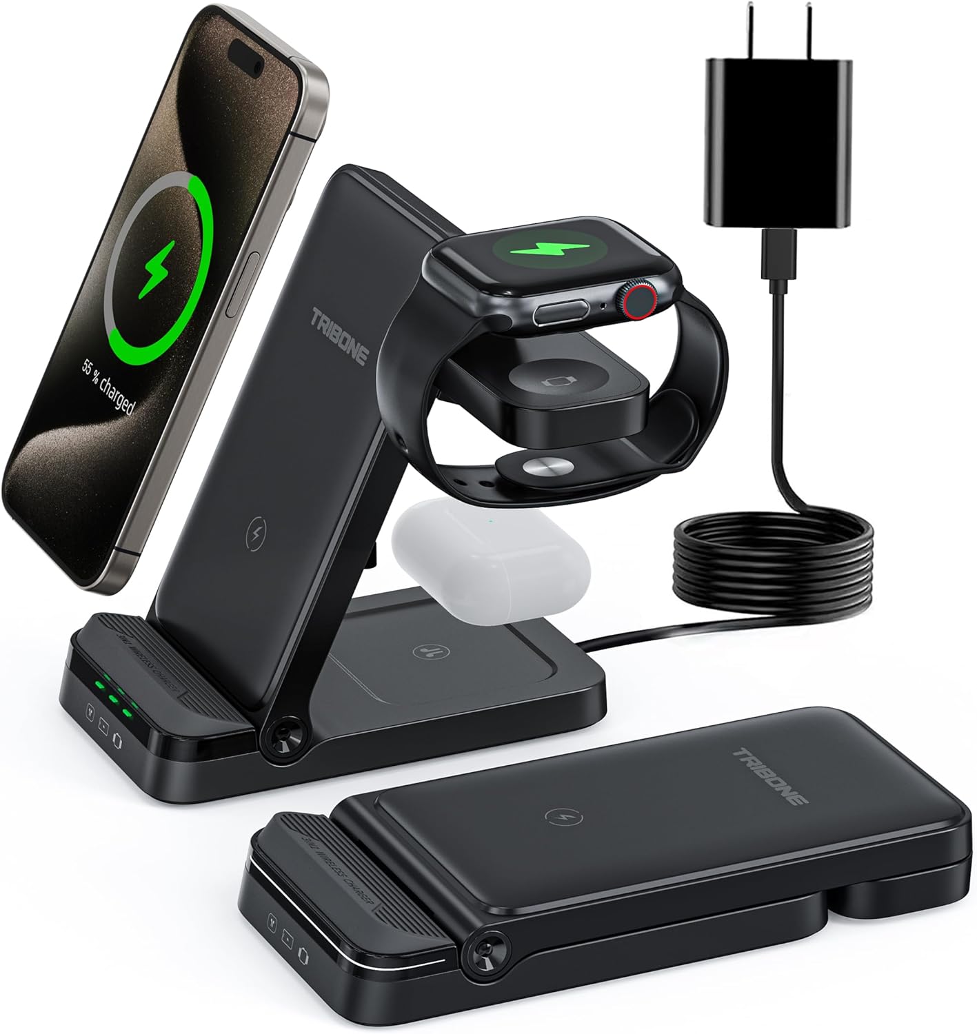 Wireless Charger, Tribone 3 in 1 Foldable Fast Charger for iPhone 16 15 14 13 12 11 Pro Max XR XS 8 Plus,for Multiple Devices，for Apple Watch 10 9 8 7 6 5 4 3 2 SE Ultra,for AirPods Pro 4 3 2, Black