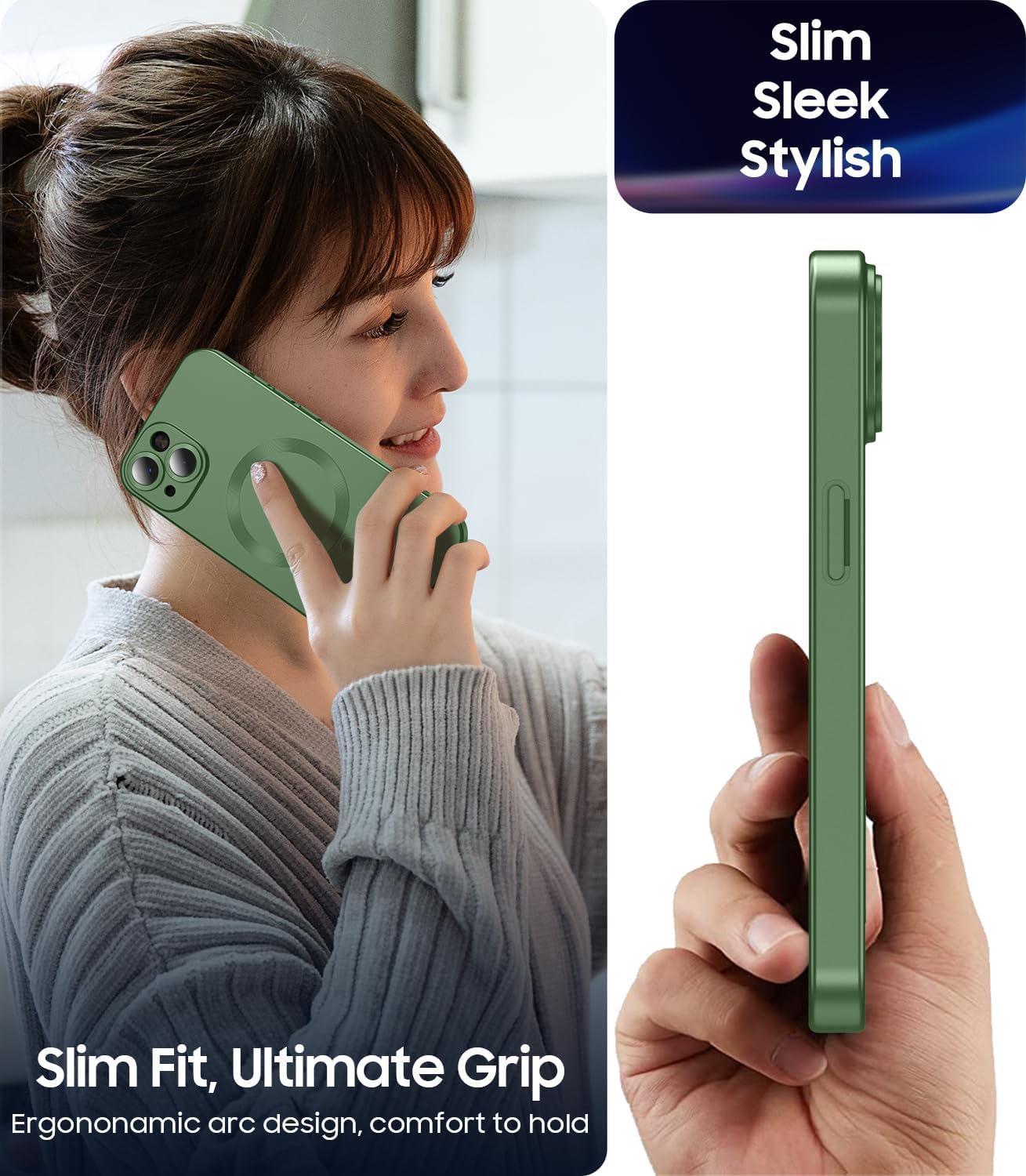Magnetic for iPhone 14 Case [Compatible with MagSafe][Built-in Camera Lens Protector] Slim Soft Silicone Bumper Shockproof Metallic Luster Phone Case (Green)