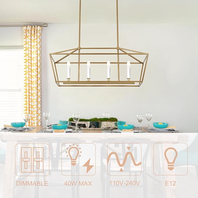4-Light Gold Kitchen Island Lighting Over Table, Modern Lantern Cage Chandelier Pendant Light Fixture with Height Adjustable, E12 Bulb Base