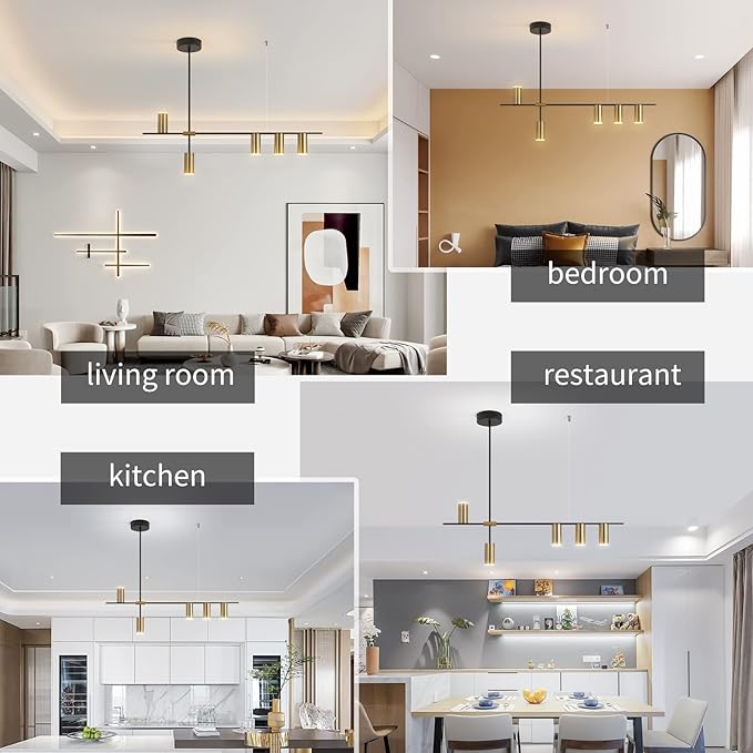 Siittoo Pendant Light Fixtures, Dimmable Modern LED Chandelier Lighting with Spotlights, Adjustable Linear Hanging Pendant Light for Kitchen Island Dining Room Living Room (Black,Gold 30W)