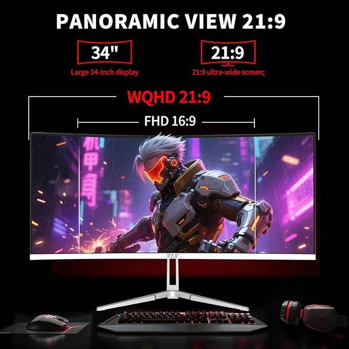 ZZA UltraWide 34 Inch Curved Monitor 1500R PC Screen 180hz Refresh Rate WQHD 3440x1440 Computer Gaming Monitor VA PanelAMD FreeSync Premium | HDR10 | 99% sRGB | VESA