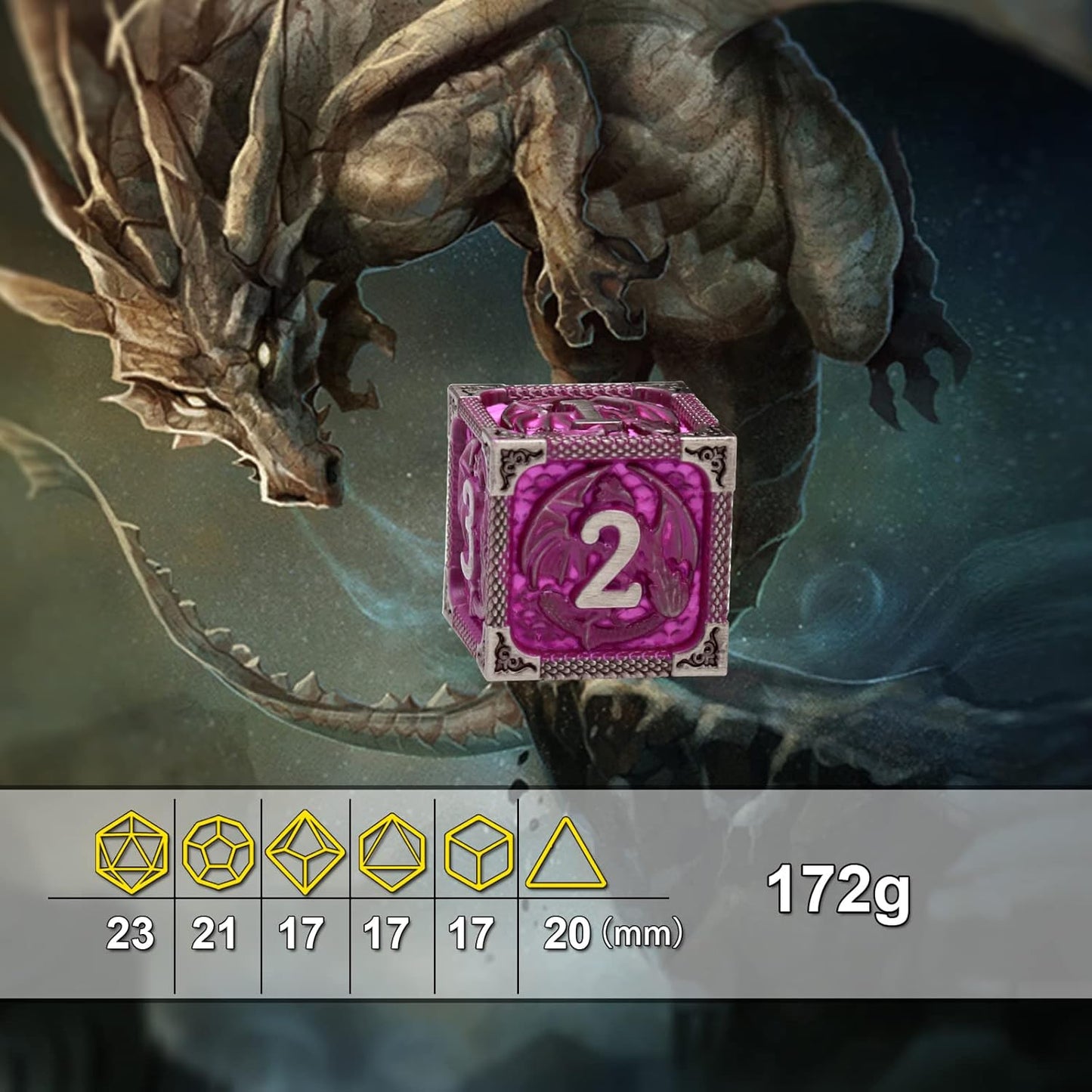 PJOY Metal DND Dice Set with Dice Case Antique Silver Purple Dragon D&D Polyhedral Dice for RPG Role Playing Games Compatible with Dungeons and Dragons TTRPG Gifts