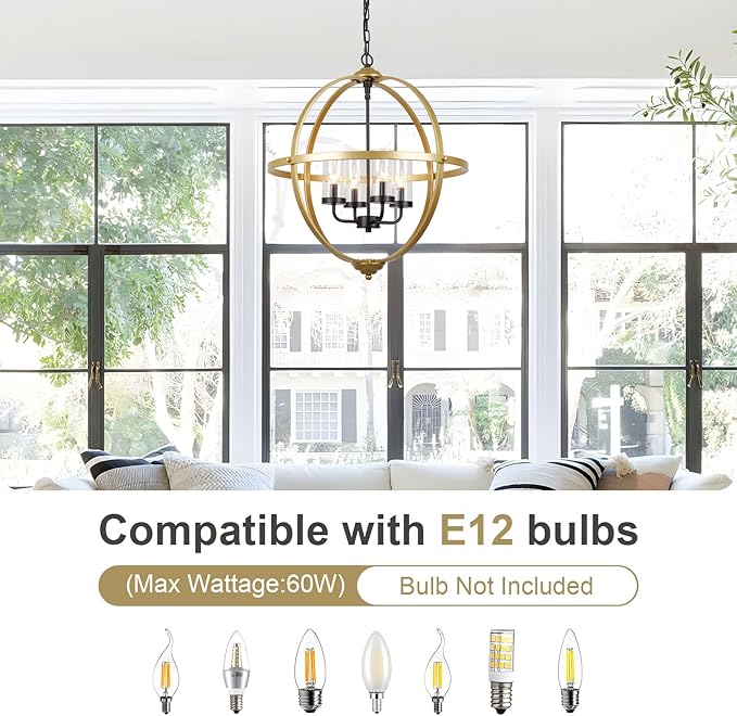 Treekee Chandelier Farmhouse Hanging Lighting, 4-Light Globe Orb Chandelier, Adjustable Modern Pendant Light Fixture for Dining Entryway Foyer, Black and Gold Finish
