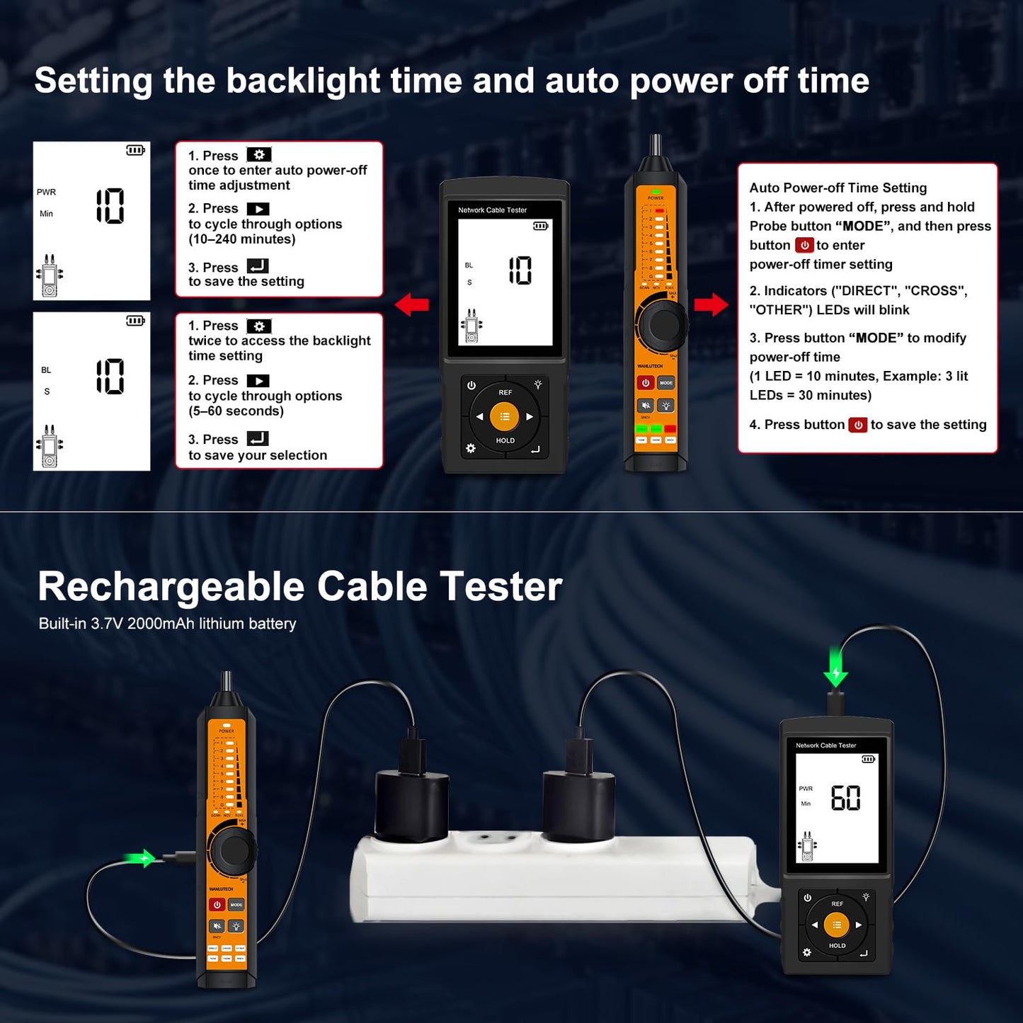 Rechargeable Digital Tone Cable Tester, WANLUTECH Tone Generator with Probe Support Optical Power Meter Visual Fault Locator PoE Test Cable Continuity Testing Port Flashing NCV (LT-300S)