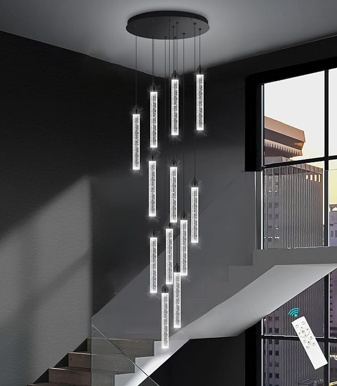 12-Lights Chandelier LED Dimmable Chandeliers for Entryway Flush Mount Ceiling Pendant Light Fixture Crystal Chandeliers for Living Room Black Finished Lighting Modern High Ceiling Chandelier