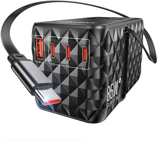 LENCENT 85W Universal Travel Power Adapter with Retractable USB C Cable, GaN International Travel Adapter with 1 USB-A & 3 Type C Fast Charging, Worldwide Plug Adaptor for US to EU UK Type C/G/A/I