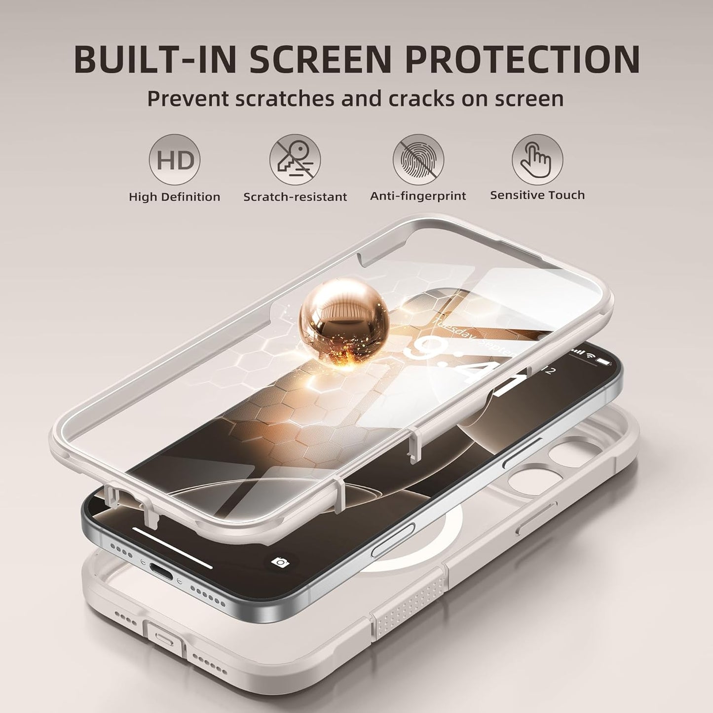 BERFY Magnetic for iPhone 16 Pro Max Case, Compatible with MagSafe, [Built-in 9H Tempered Glass Screen Protector & Camera Protection] Full Body Translucent Matte Phone case for 16 Pro Max, Stone