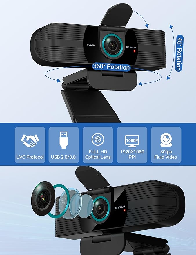 RUWBY Full HD 1080P Webcam with Built-in Dual Mics, Wide-Angle Lens, Privacy Cover, Tripod Stand, Autofocus Computer Camera, Plug and Play for Desktop PC or Laptop