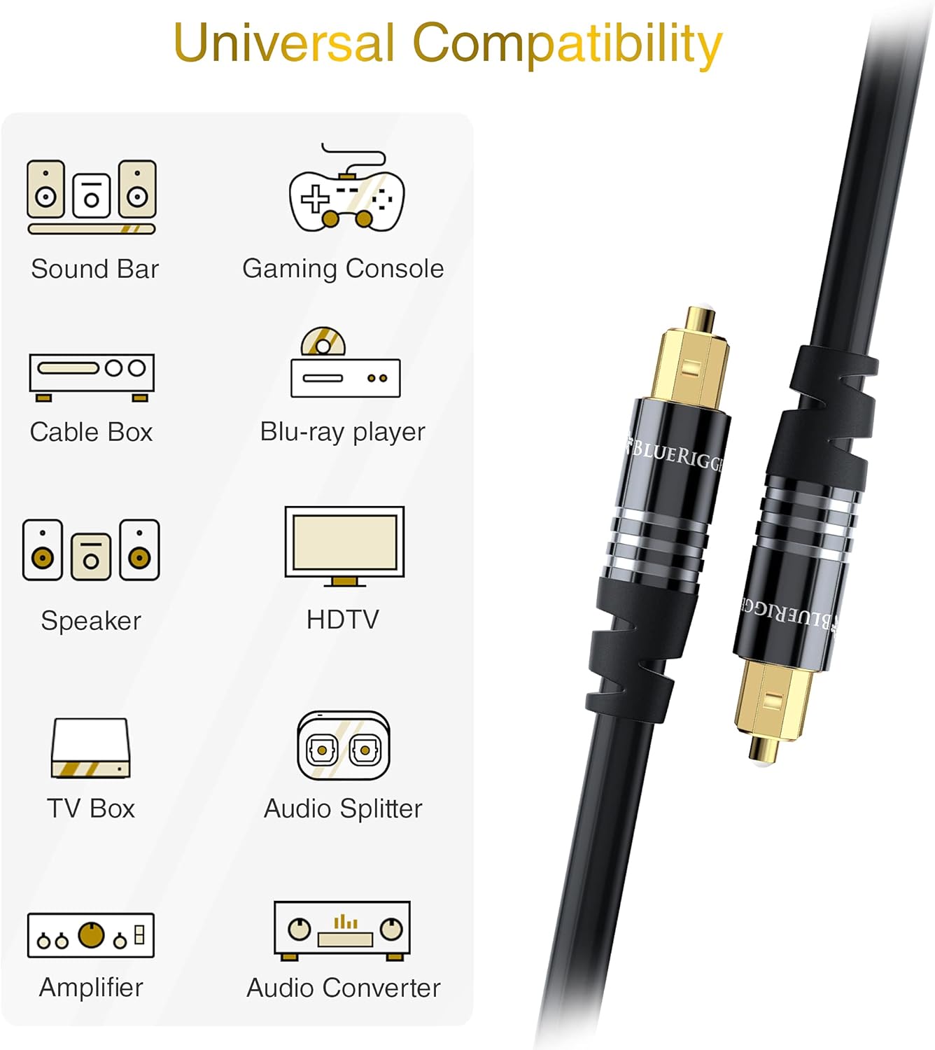 BlueRigger Digital Optical Audio Toslink Cable (1.5FT, Fiber Optic, Aluminum Shell, 24K Gold-Plated) - Compatible with Home Theatre, Sound Bar, TV, Xbox, PlayStation PS4 – Premium Series