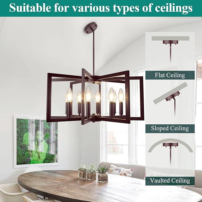 8-Light Oil-Rubbed Bronze Chandelier, Farmhouse Dining Room Light Fixture, Modern Chandelier, Geometric Industrial Metal Hang Lighting Fixture for Foyer Entryway Kitchen Over Table Hallway Living Room