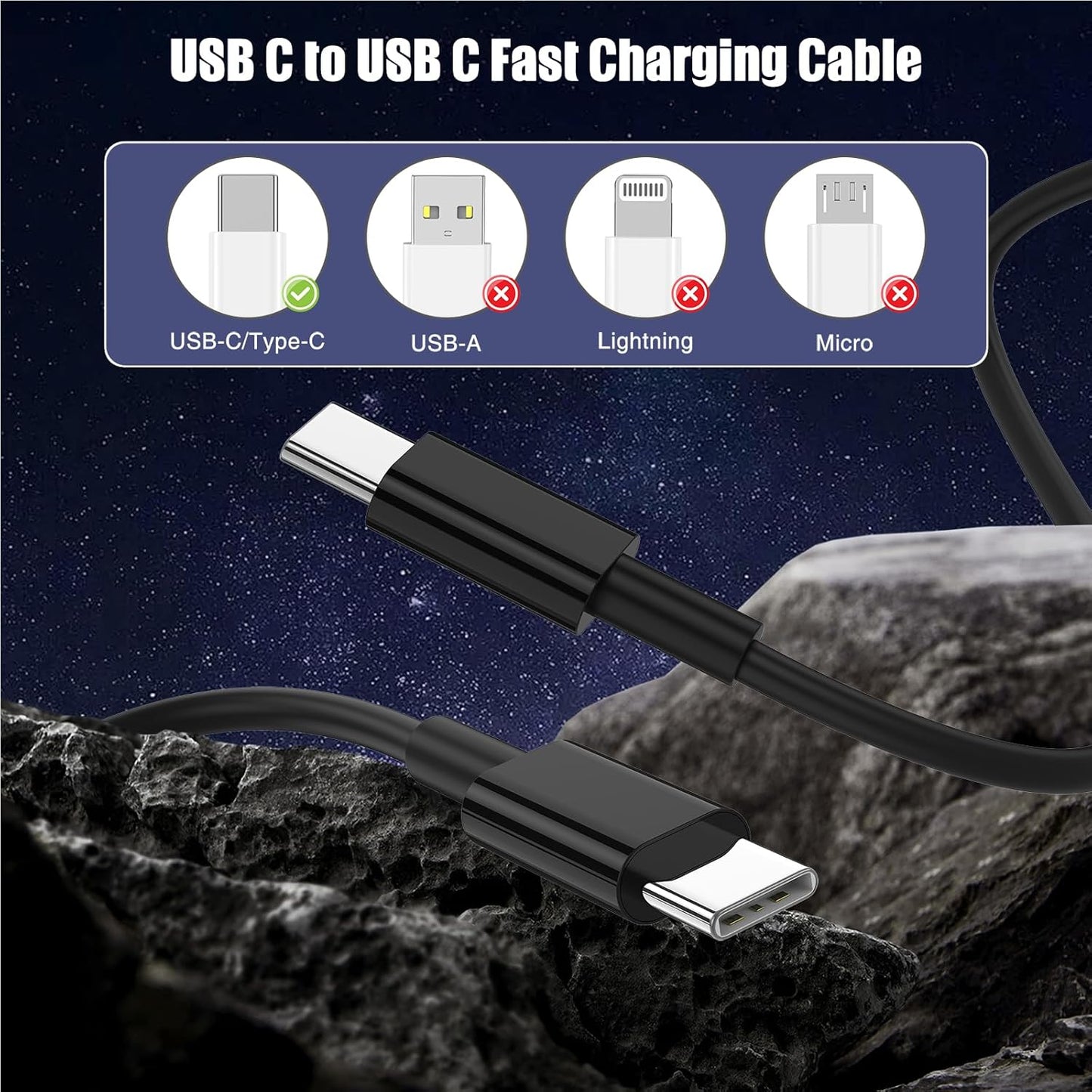 2-Pack Black 10FT 60W USB C to USB C Cable, Type C to Type C Cable,Fast Charging Cable for iPhone 16 15 Pro Plus Pro Max，for Galaxy S24 S23, for iPad Pro/Air, for MacBook Pro/Air and More