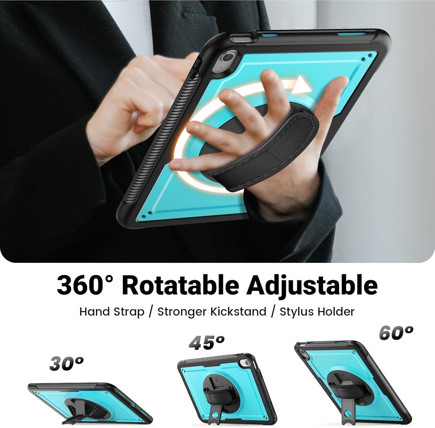 SCSVPN Case for iPad (A16) 11th Generation 11 Inch 2025 / 10th Generation 10.9 Inch 2022, Shockproof Protective Case with Screen Protector, Pen Holder, Rotating Stand, Hand/Shoulder Strap - Sky Blue