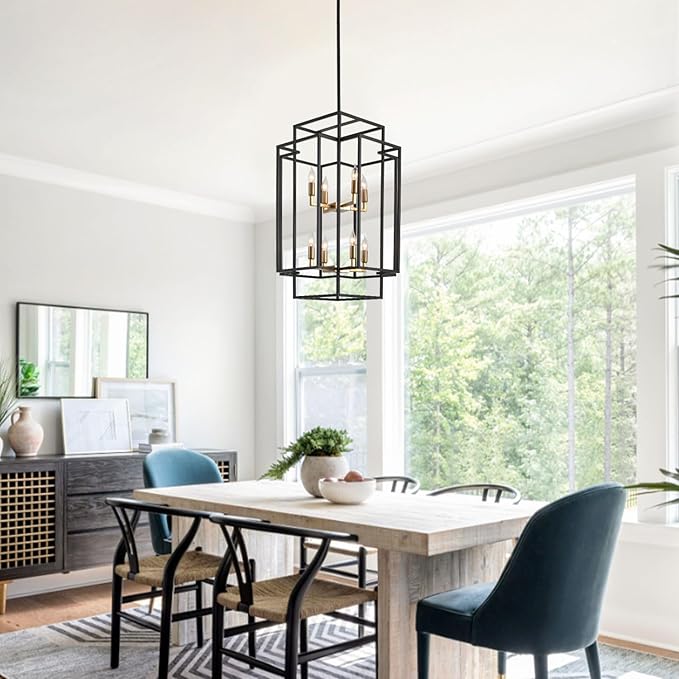 WJShome 8-Lights Farmhouse Chandelier, Modern Foyer Lighting Fixtures, Large Chandeliers for High Ceilings, Black and Gold Tiered Lantern Pendant Light, for Living Room, Staircase, Entryway