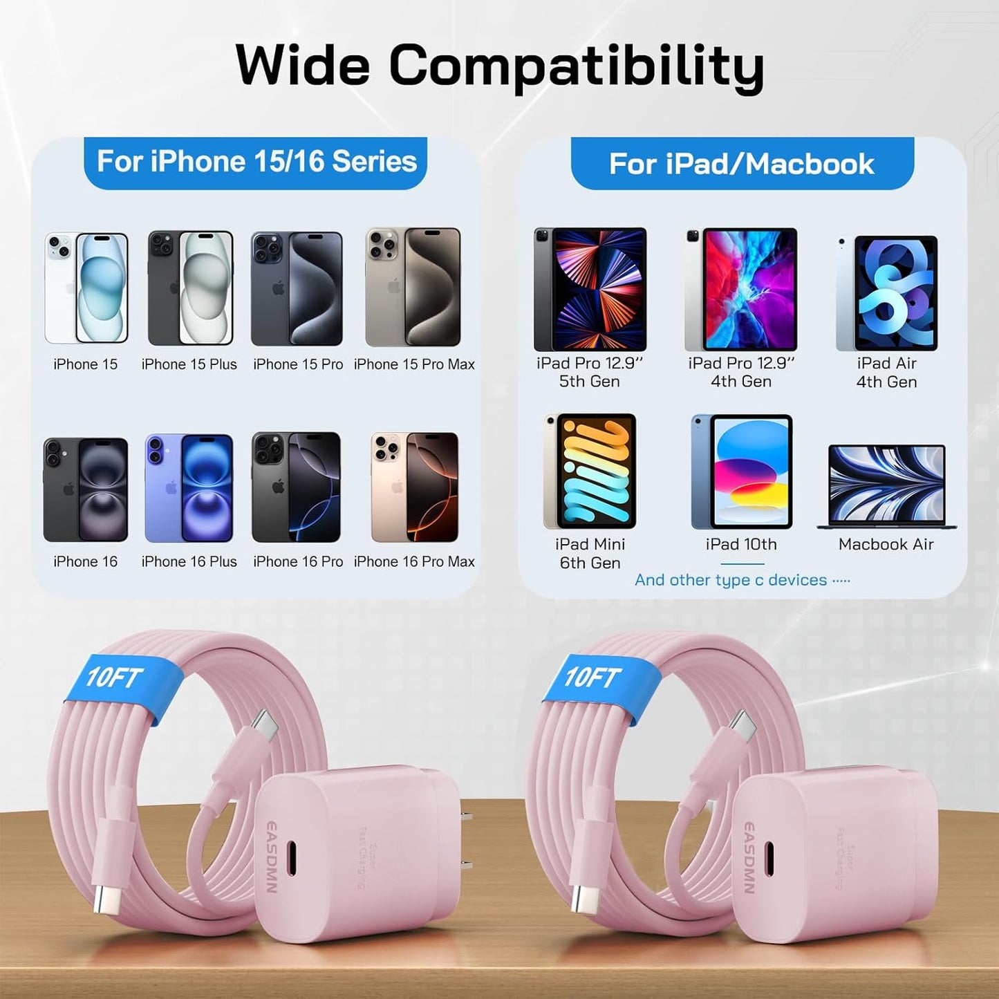 30W USB C i Phone 16 15 Charger Fast Charging, 2PACK Wall Charger for iPhone 16 15 Pro Max Charger Cord 10FT Fast Type C Charger Block for iPhone 16/16 Pro/15 Plus/15 Pro/15 Pro Max, iPad Pro, Pink