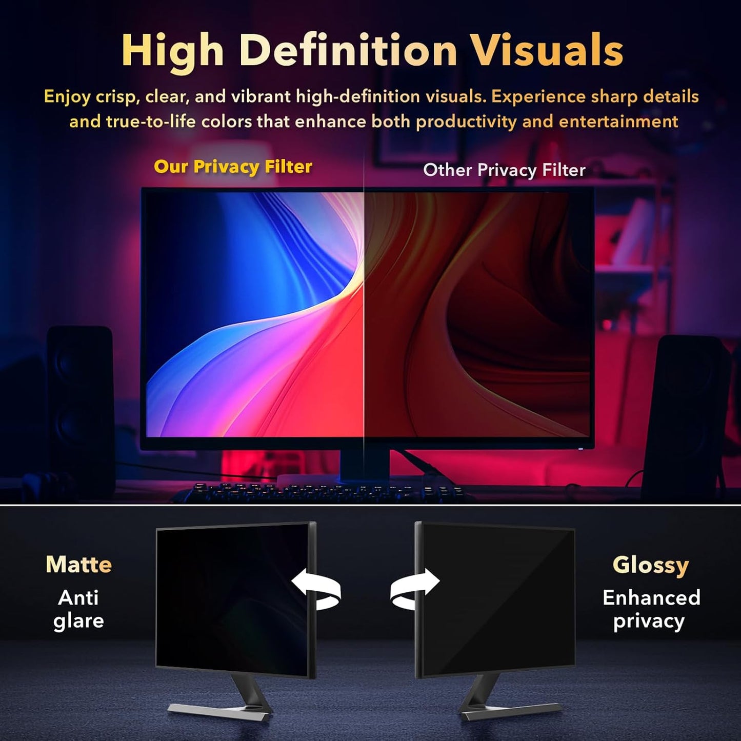 Magnetic 2 Pack Invisible Hidden Design Computer Privacy Screen Filter 24 Inch for Frameless Monitor 16:9 Aspect Ratio, Removable Anti Glare Blue Light Protector, Double Sided Reversible Eye Care Film