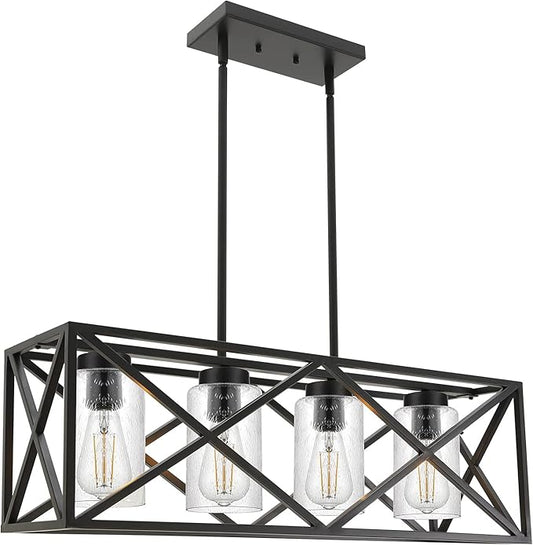 4-Lights Black Farmhouse Rectangle Chandelier Dining Room Light Fixtures, 30.4-Inches Length Contemporary Kitchen Island Pendant Lighting with Seeded Glass Lampshades
