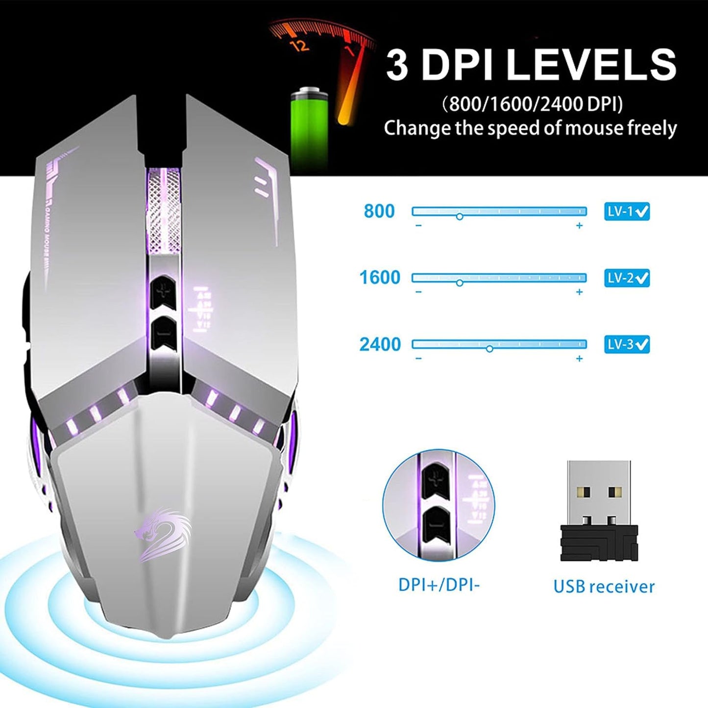 TENMOS T12 Wireless Gaming Mouse Rechargeable, 2.4G Silent Optical Wireless Computer Mice with Changeable LED Light for Laptop PC, 7 Buttons, 3 Adjustable DPI (Silver)