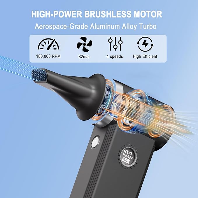 Cordless Electric Air Duster - 180K RPM Brushless Motor, 45W SuperFast Charge, 29.6Wh Rechargeable Battery, 4-Speed Adjustable Dust Blower for PC Cleaning, Electronics, Car & Woodworking, Black