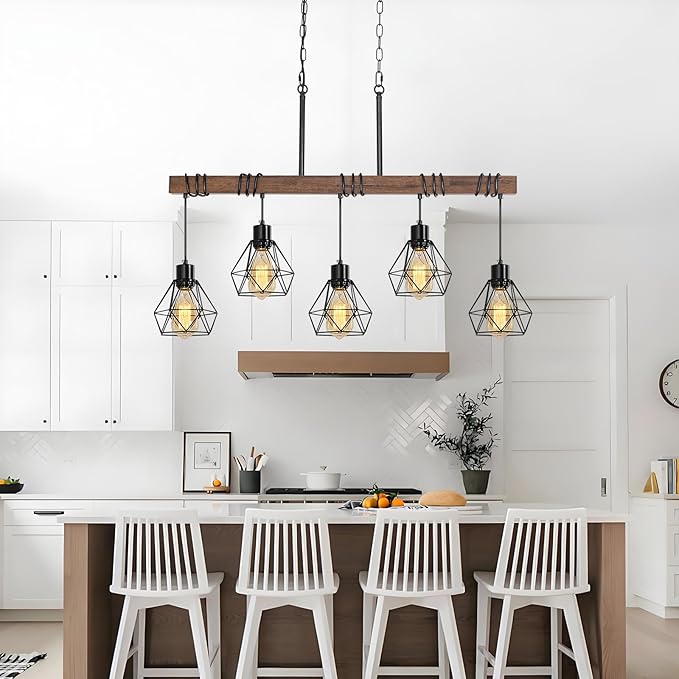 5-Light Kitchen Ceiling Light Fixture - Modern Farmhouse Black Chandelier with Adjustable Height for Dining Room Over Table, Rustic Wood Linear Pendant Island Lights for Kitchen, E26 Base, UL Listed