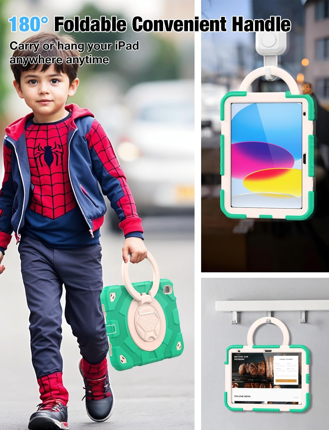SCSVPN for iPad (A16) 11th/10th Generation Case 11 inch 2025/10.9 inch 2022, Rugged Shockproof Protective Silicone Case for Kids with Pencil Holder, Rotate Stand & Handle, Shoulder Strap - Mint Green