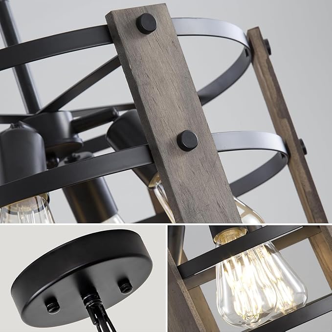Rustic Farmhouse Chandelier, 4 Lights Pendant Lights Fixture, Adjustable Height, Grey Vintage Wood Hanging Pendant Lighting for Entryway Kitchen Island Foyer Dining Room Living Room Bedroom