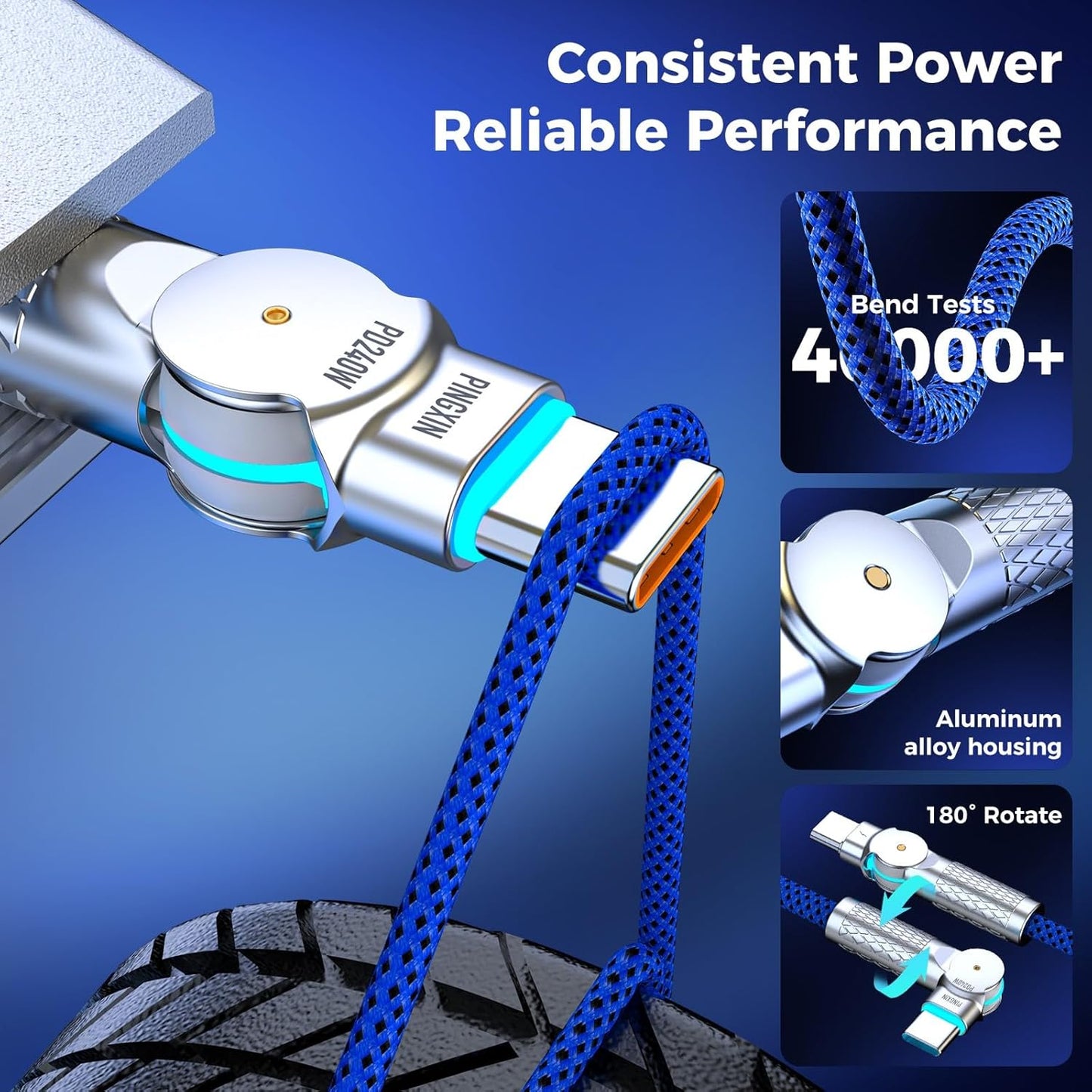 USB C to USB C Cable10ft,240W 2-Pack Braided 180°Rotating Type C Charging CableFast Charge for iPhone 15/16/16Pro/16Plus/16ProMax,MacBook Air,iPad Pro,Pixel,Samsung Galaxy S23/S24 Ultra-Blue