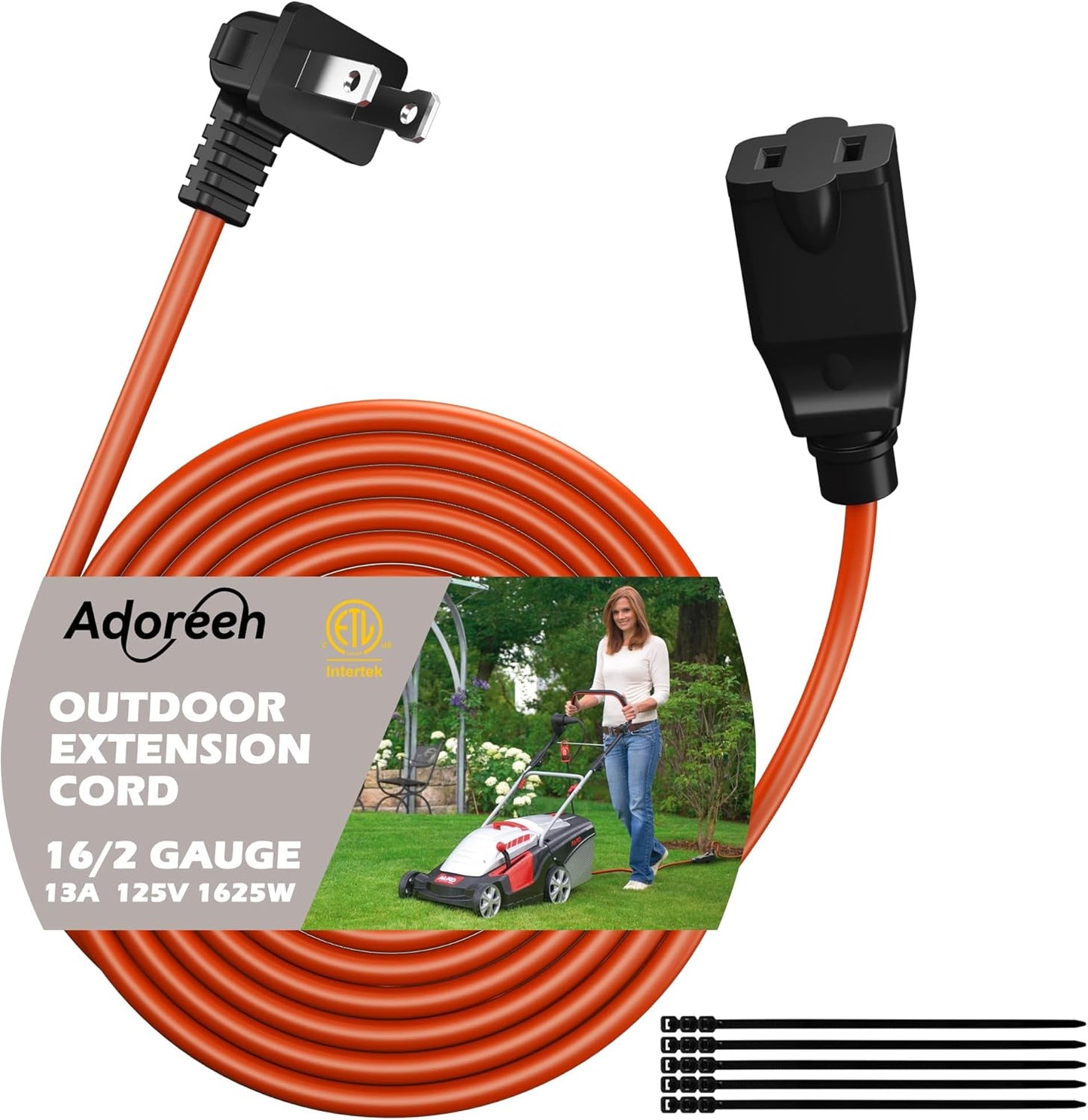 90 Degree 2 Prong Polarized Outdoor Power Extension Cord 100 FT, Angled Low-Profile Plug, 16 Gauge 125V SJTW Waterproof Long Cable for Home Office Lawnmower Garden Tools Lights, ETL+Ties-Bright Orange