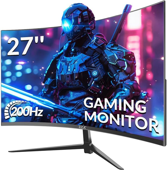 ZZA 27" Curved Gaming Monitor, FHD 1920x1080 200Hz/180Hz, 1800R VA Panel, 95% sRGB Color Gamut, AMD FreeSync Premium, Tilt Adjustable Stand, HDMI & DisplayPort - Black