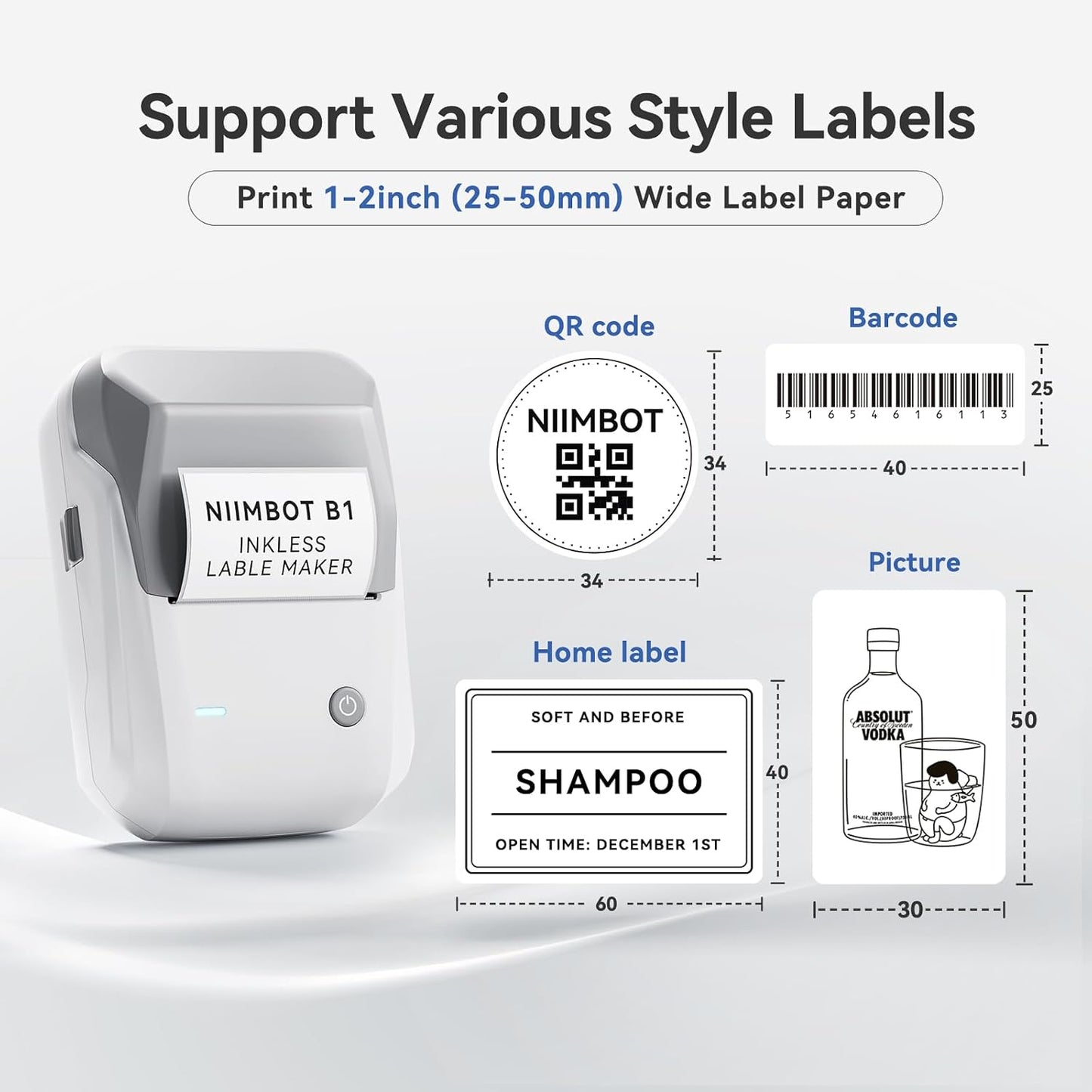 NIIMBOT B1 Label Maker Machine with Tape, Thermal Label Printer Easy to Use for Office, Home, Business, 2 Inch Label Maker with 2'' x1.18'' Labels-230pcs/Roll