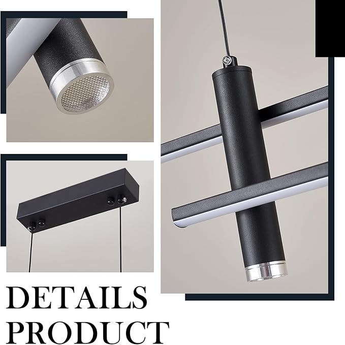 Modern LED Chandelier47.3 Black Kitchen Island Pendant Light Fixtures Linear Pendant Lighting with Remote Dining Rooms Living Room Dimmable 3000K-6000K
