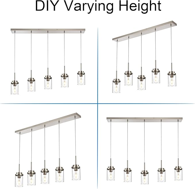 MELUCEE 5 Lights Kitchen Island Lighting Modern Linear Chandeliers for Dining Room, Industrial Brushed Nickel Pendant Light Fixtures Ceiling Hanging with Clear Glass Shade, 37.0 Inches Length