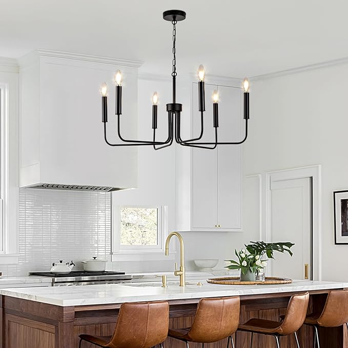 Farmhouse Candle Chandelier, 6 Light Rustic Black Ceiling Pendant Light Fixture, L-Arm Design Industrial Dining Room Hanging Lighting for Living Room, Entryway, Foyer, Kitchen Island