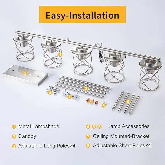 Kitchen Island Light, 5-Light Dining Room Lighting Fixtures Hanging, Farmhouse Linear Pendant Light for Kitchen Island Table Living Room with Adjustable Rods, Brushed Nickel