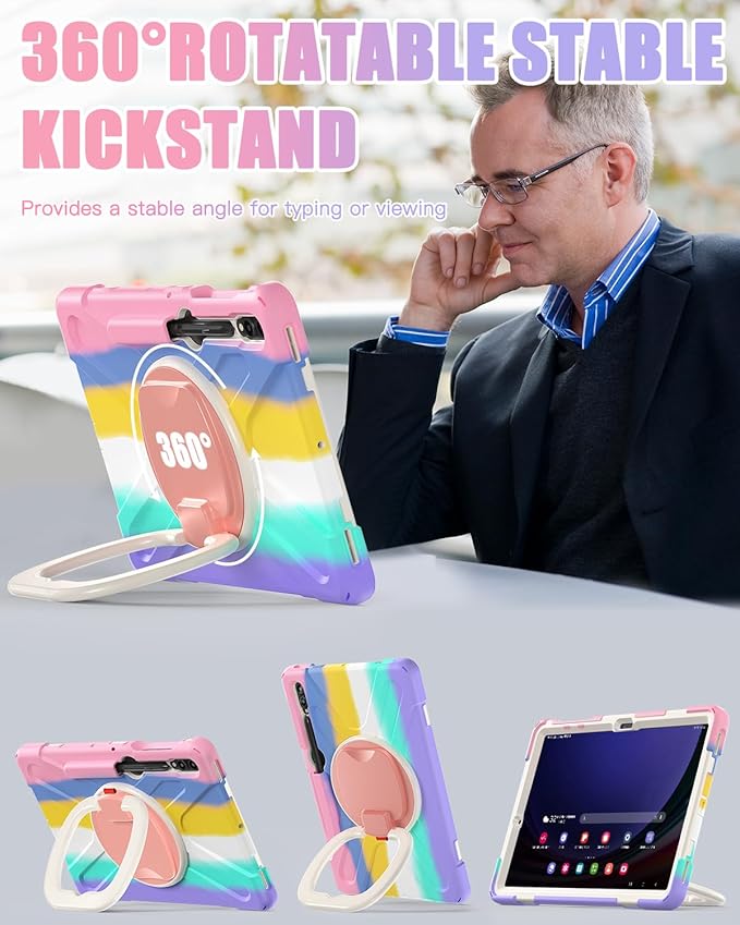 BRAECN Case for 12.4 Inch Samsung Tablet S9 FE+ Plus/ S9+ Plus/ S8+/ S7 FE/ S7+ SM-X610/810 2023, Rugged Silicone Case with S Pen Holder, Handle Grip, Kickstand,Shoulder Strap, Colorful Pink