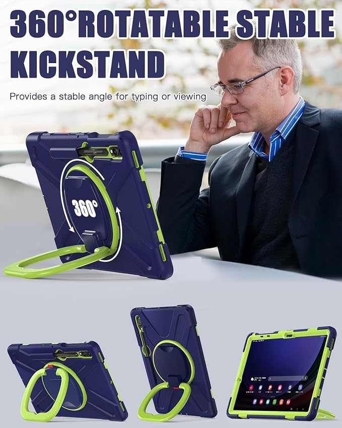 BRAECN Case for Samsung Galaxy Tab S9 FE+ Plus/ S9+/S8+/S7 FE/S7+ 12.4 Inch 2023, Heavy Duty Rugged Silicone Cover w/S Pen Holder, Handle Grip, Stable Kickstand, Shoulder Strap, Navy Green