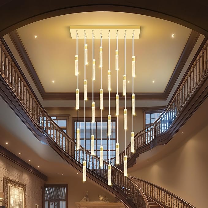 Glam Rectangular Crystal Column Chandelier for High Ceiling 24-Lights Gold LED Dimmable Pendant Light for Kitchen Island Dining Room Entrance Foyer Living Room Adjustable Height