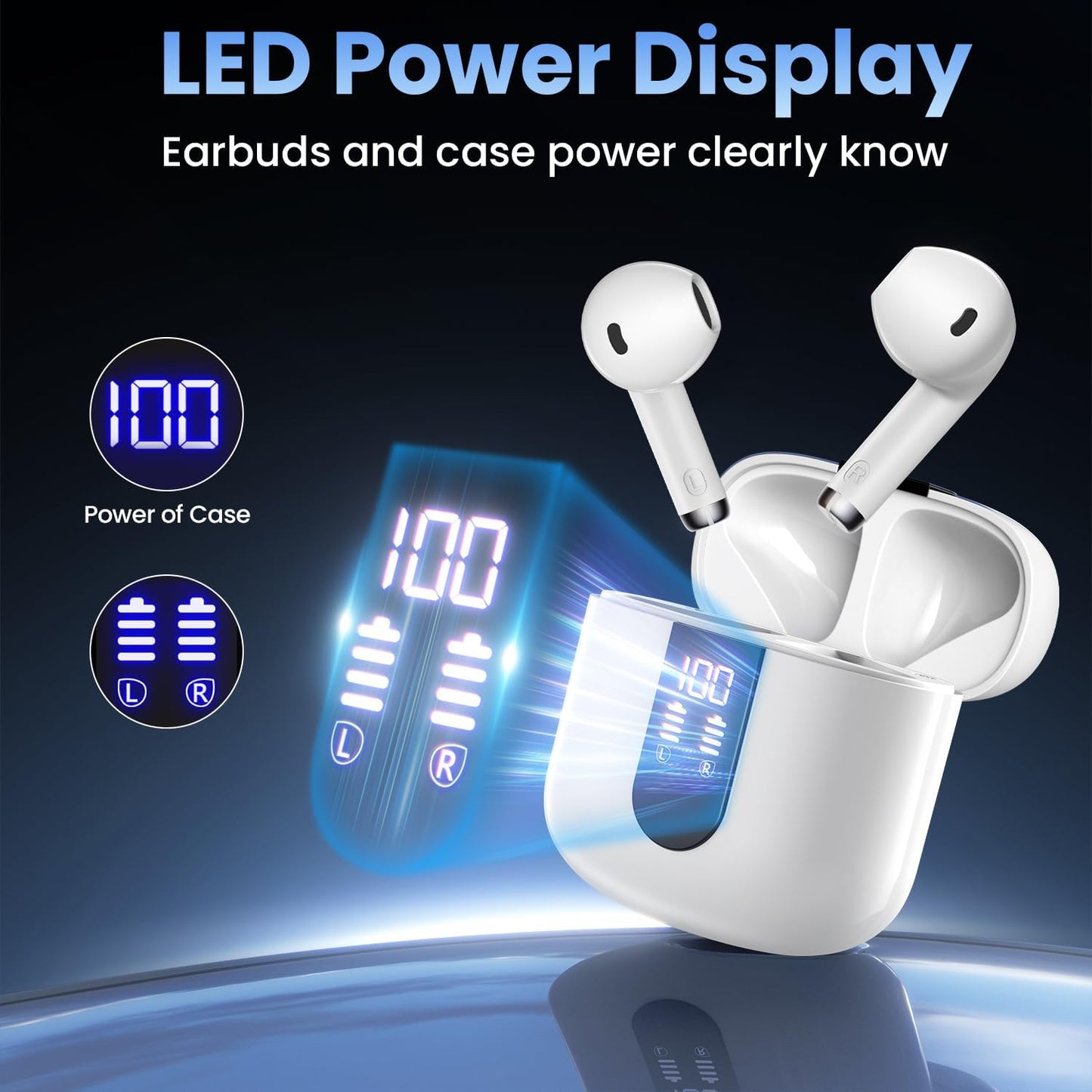 Wireless Earbuds, Bluetooth Headphones with Deep Bass Stereo, 48H Playback Ear Buds with LED Power Display Charging Case，Lightweight, IPX7, in-Ear Earphones with Mic for for Phone Tablet Laptop, White
